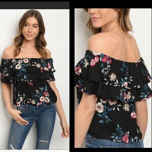Black & Pink Floral Off Shoulder Top S M L